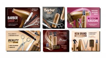 Haidresser Service Promotion Posters Set Vector. Razor And Hair Dryer, Comb And Scissors Barber Shop Hairdresser Equipment Advertising Banners. Style Concept Template Illustrations