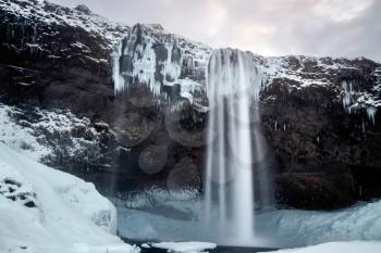 View of Seljalandfoss Waterfall in Winter
