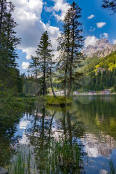 LAKE MISURINA, VENETO/ITALY - AUGUST 9 : View of Lake Misurina near Auronzo di Cadore, Veneto, Italy on August 9, 2020