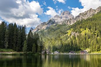 LAKE MISURINA, VENETO/ITALY - AUGUST 9 : View of Lake Misurina near Auronzo di Cadore, Veneto, Italy on August 9, 2020. Unidentified people