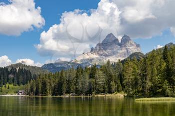 LAKE MISURINA, VENETO/ITALY - AUGUST 9 : View of Lake Misurina near Auronzo di Cadore, Veneto, Italy on August 9, 2020. Unidentified people