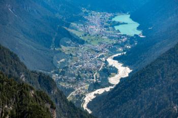 Distant view of Lake Misurina in the Dolomites