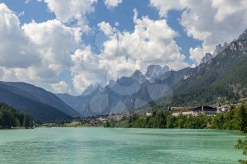 AURONZO DI CADORE, VENETO/ITALY - AUGUST 9 : View of Santa Caterina Lake at Auronzo di Cadore, Veneto, Italy on August 9, 2020