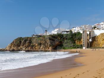 ALBUFEIRA, SOUTHERN ALGARVE/PORTUGAL - MARCH 10 : View of the Beach at Albufeira in Portugal on March 10, 2018. Unidentified people
