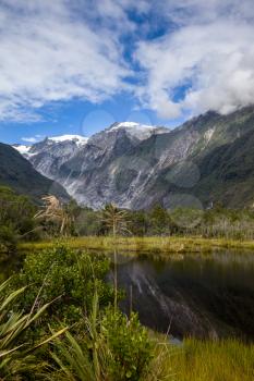 Distant view of the Franz Joseph Glacier in New Zealand