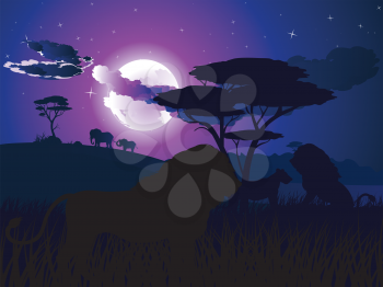 Colorful night scene, african landscape with silhouette of trees and lions.