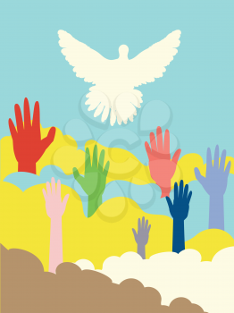 Group of hands and dove silhouette, flat illustration.