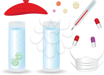 Cartoon pills, thermometer, glass of water, mask and ice bag on white background.