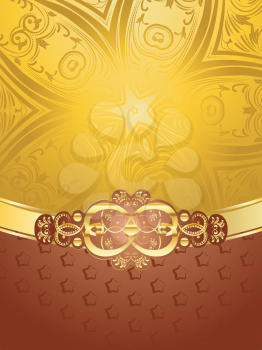 Vintage brown background with decorative gold ribbon and floral ornament.