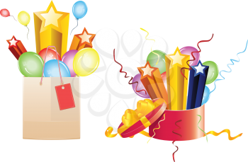 Bright festive balloons, 3d stars coming out of opened gift box and shopping bag.
