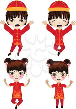Cute cartoon characters boy and girl in traditional chinese outfit.