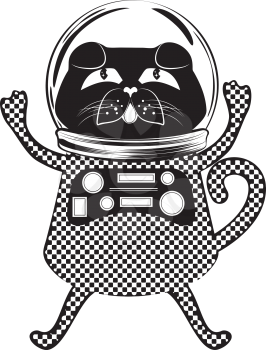 Cute wondering black cat wearing spaceman suit.