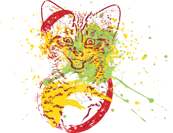 Abstract grunge portrait of a cat with colorful splatters on white background.