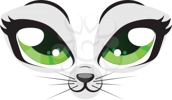 Cute cartoon kitten face with green eyes on white background.