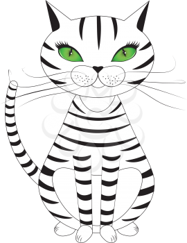 Cartoon striped cat in black and white with green eyes.