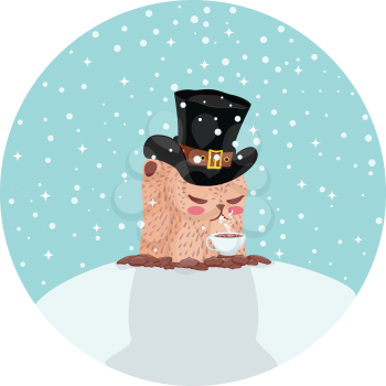 Cartoon kawaii animal, groundhog day greeting illustration.