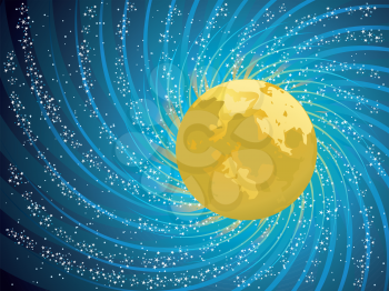 Full yellow moon on abstract starry sky background.