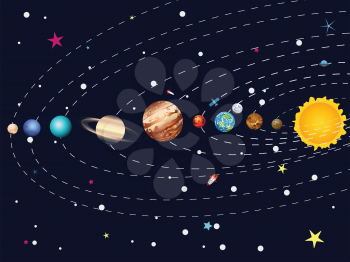 Cartoon parade of colorful planets outer space background.