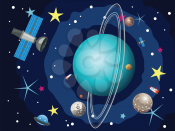 Cartoon planet Uranus in the space with stars and shuttles.