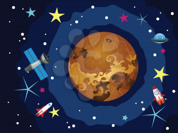 Cartoon space background with the Venus and stars.