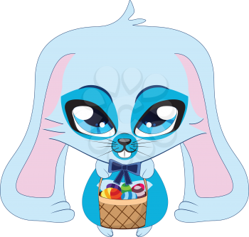 A cute blue bunny rabbit with a basket of Easter eggs.
