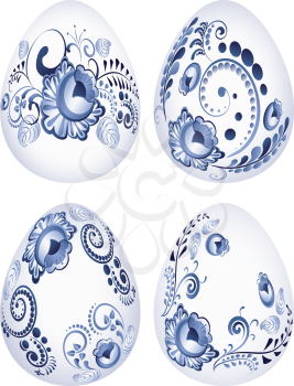 Ornamental Easter eggs icon set decorated in folk floral ornament of blue color.