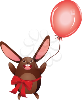 Cute happy chocolate bunny with red balloon illustration.