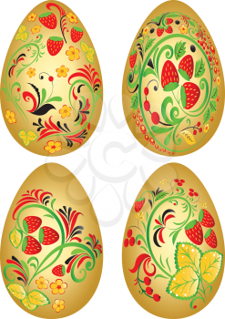 Folk floral ornaments with strawberry on Easter eggs illustration.