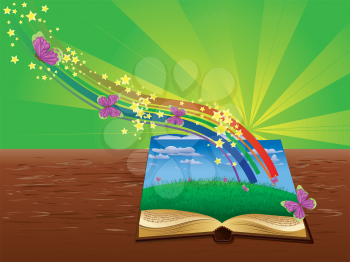 Open book with grass field, butterflies and abstract rainbow.