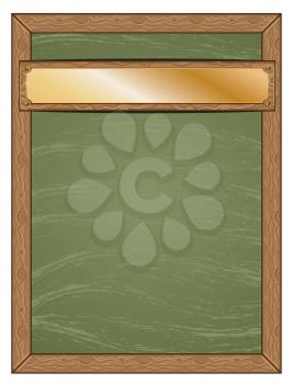 Cartoon green chalkboard with wooden frame and golden table background.
