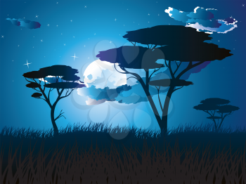 Colorful night scene, african landscape with silhouette of trees.