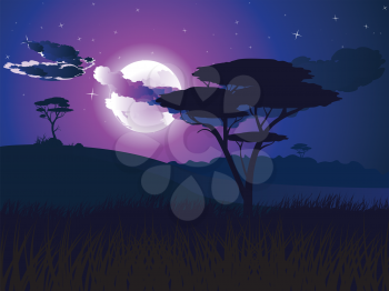 Colorful night scene, african landscape with silhouette of trees.