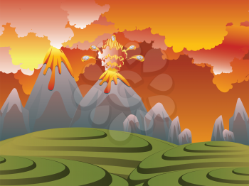 Illustration of cartoon volcano eruption with hot lava.
