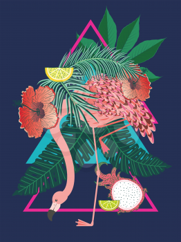 Cute cartoon pink flamingo with tropical leaves and fruits design illustration.