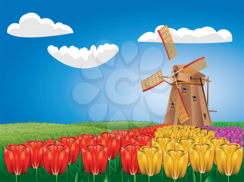 Cartoon landscape with a traditional windmill and tulip flowers.