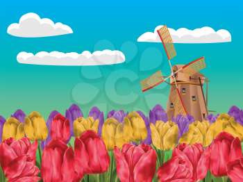 Cartoon landscape with a traditional windmill and tulip flowers.