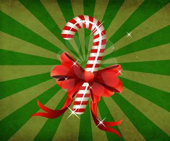 Grunge illustration of holiday background with candy cane with red bow.