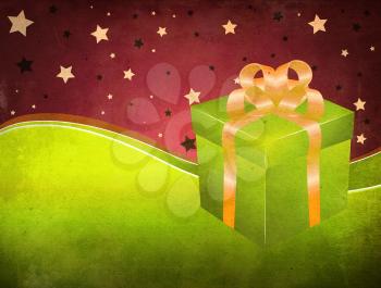 Illustration of green gift box with golden bow on grunge background.
