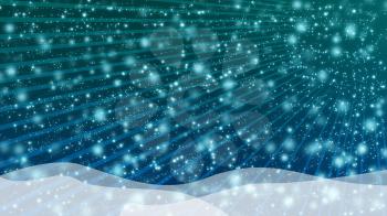 Snowy blue background, waves and rays and  snowflakes
