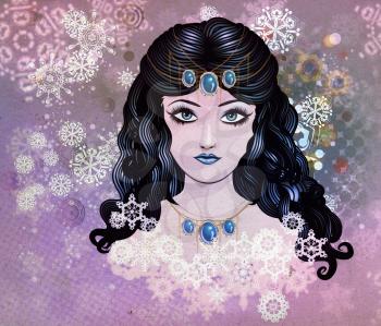 Illustration of a girl with blue hair on snowflakes background.