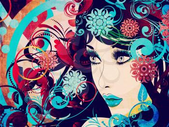 Decorative colorful snowflakes, floral ornament and female portrait, grunge background.