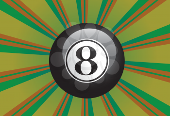 Black eight billiard ball on colorful background with rays.