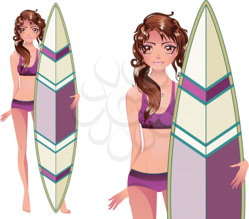 Surfer girl with her board illustration on white background.