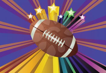 American football, rugby ball on colorful background with rays.