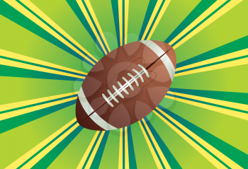 American football, rugby ball on colorful background with rays.