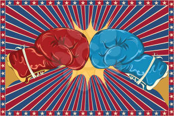 Retro background with boxing glove over red and blue rays and star frame.
