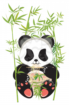 Cute cartoon panda bear eating tasty ramen, noodle soup with bamboo design.