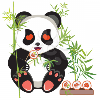Cute cartoon panda bear eating tasty sushi design.