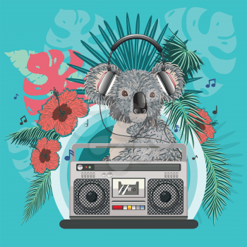 Retro music poster with grey koala bear, boombox and tropical leaves design.