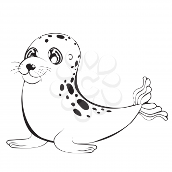 Cartoon kawaii seal with big eyes in black and white design.